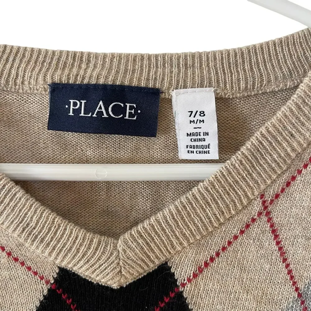 The Children's Place Boys‎ Tan Argyle V-Neck Sweater Size 7/8 Medium